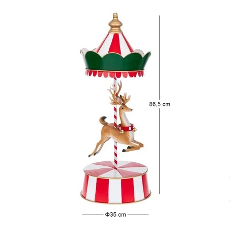 XMAS RED-WHITE METAL CAROUSEL WITH REINDEER 35X35X86,5CM