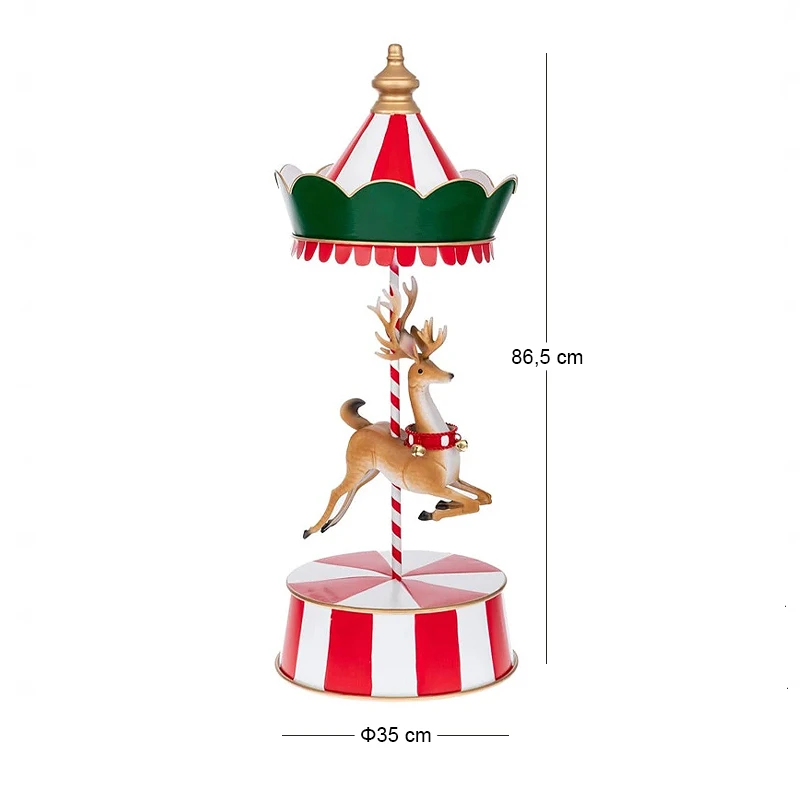 XMAS RED-WHITE METAL CAROUSEL WITH REINDEER 35X35X86,5CM