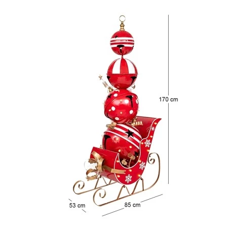 XMAS RED METAL SLEIGH FILLED WITH RED METAL BELLS 85X53X170CM