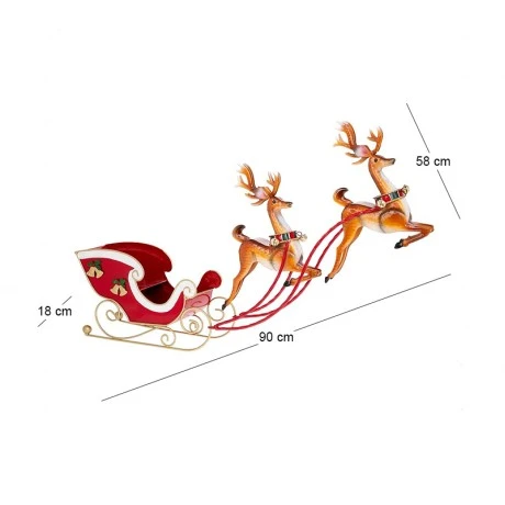 XMAS RED METAL SLEIGH WITH TWO METAL REINDEER IN THE AIR 90X18X58CM