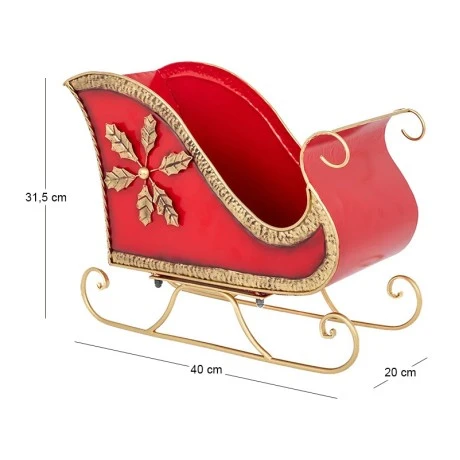 XMAS RED METAL SLEIGH WITH GOLD DETAILS 40X20X31,5CM