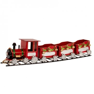 RED METAL CHRISTMAS TRAIN WITH WAGONS ON TRAIL 58X11X14CM