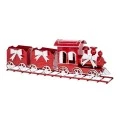 XMAS RED METAL TRAIN ON TRACKS WITH TWO WAGONS AND WHITE BOWS 77X15X33CM