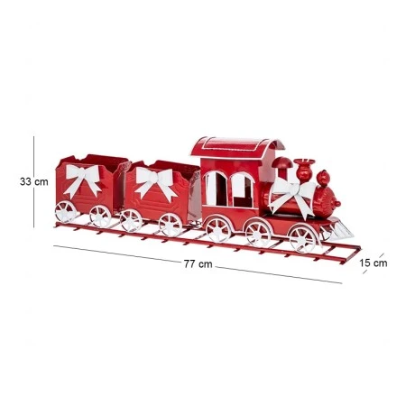 XMAS RED METAL TRAIN ON TRACKS WITH TWO WAGONS AND WHITE BOWS 77X15X33CM
