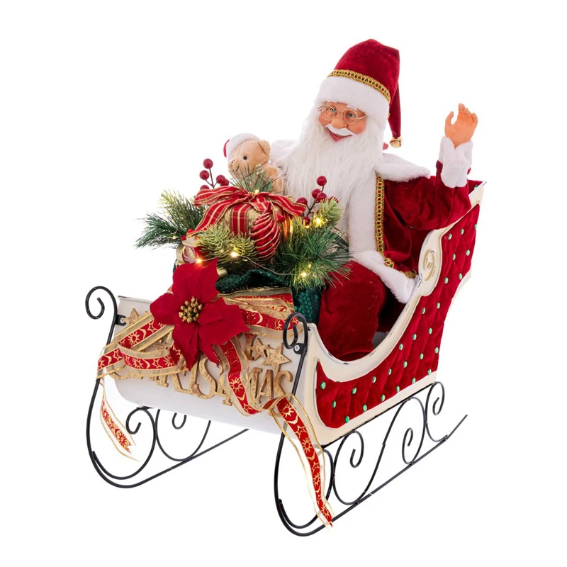 XMAS RED SANTA CLAUS SITTING IN A SLEIGHT WITH GIFTS WITH MUSIC AND MOVEMENT 32X60X60CM BATTERY OPEERATED