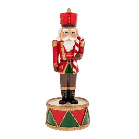 XMAS RED COLOUR RESIN NUTCRACKER ON A DRUM BASE WITH MUSIC AND MOVEMENT 8X8X22CM