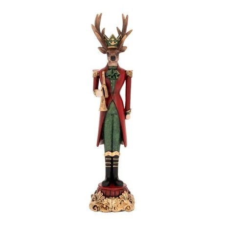 XMAS RED  GREEN RESIN DEER HOLDING A TRUMPET 9X9X37,5CM