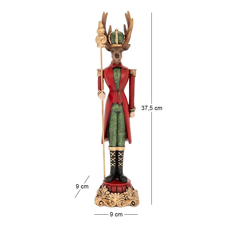 XMAS RED  GREEN RESIN DEER HOLDING A SCEPTER 9X9X37,5CM