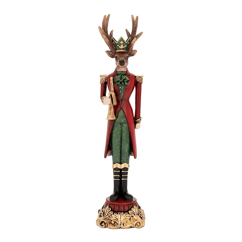 XMAS RED  GREEN RESIN DEER HOLDING A TRUMPET 9X9X37,5CM