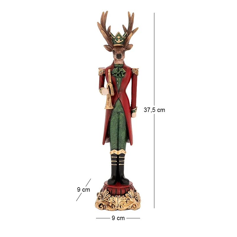 XMAS RED  GREEN RESIN DEER HOLDING A TRUMPET 9X9X37,5CM
