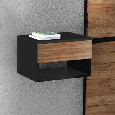 Bianca Megapap melamine hanging bedside table in black - light walnut color 40x30x23cm.