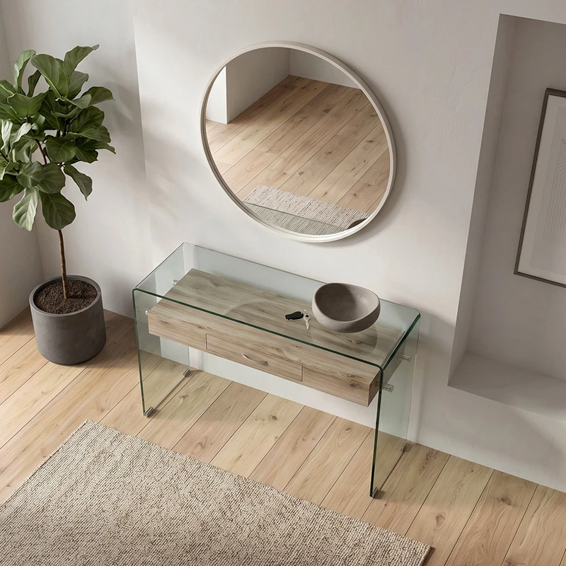 Κονσόλα Glasser wood με ένα ράφι από Mdf και ενισχυμένο γυαλί 12mm σε χρώμα διαφανές 120x40εκ