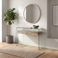 Κονσόλα Glasser wood με ένα ράφι από Mdf και ενισχυμένο γυαλί 12mm σε χρώμα διαφανές 120x40εκ