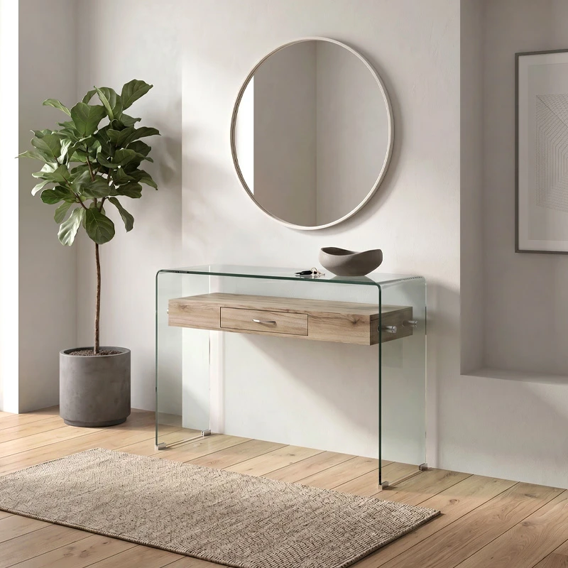 Κονσόλα Glasser wood με ένα ράφι από Mdf και ενισχυμένο γυαλί 12mm σε χρώμα διαφανές 120x40εκ