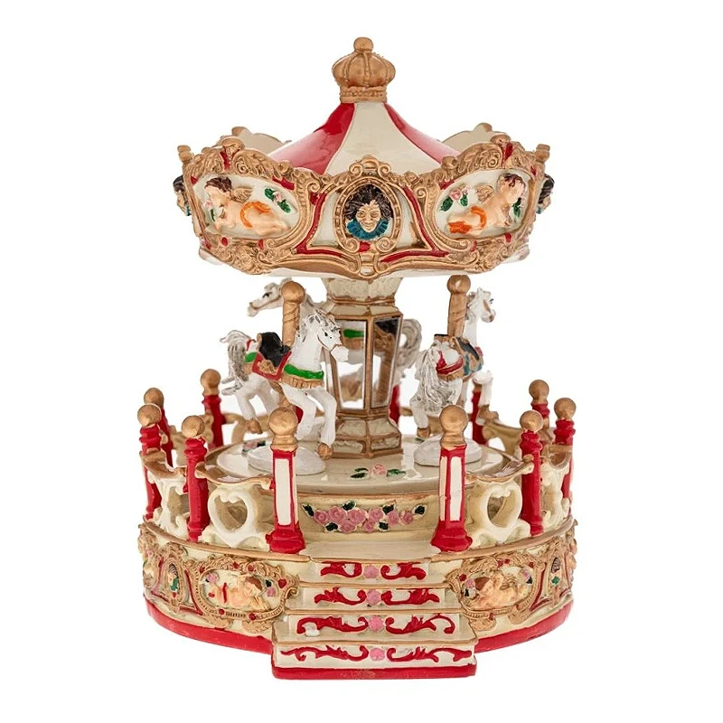 XMAS RESIN WINDING CAROUSEL WITH HORSES, MUSIC AND MOVEMENT 15,5X14X17CM
