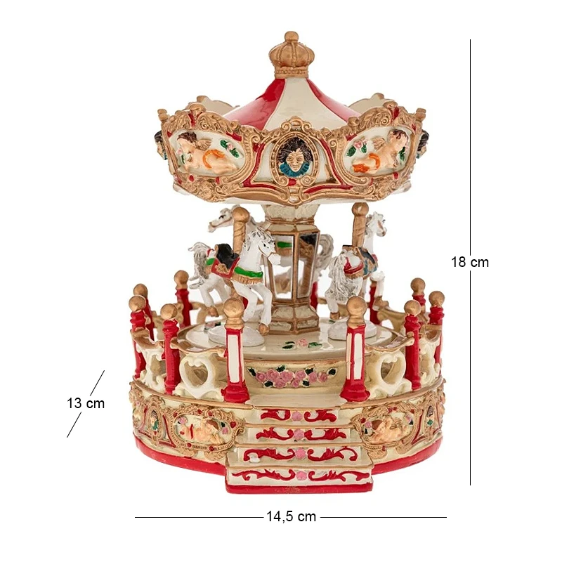 XMAS RESIN WINDING CAROUSEL WITH HORSES, MUSIC AND MOVEMENT 15,5X14X17CM