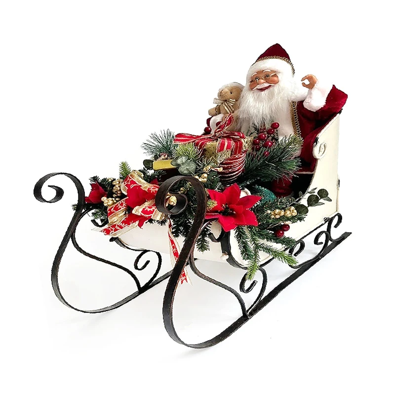 XMAS CREAM METAL SLEIGH WITH SANTA AND CHRISTMAS ARRANGEMENT 95X50X85CM