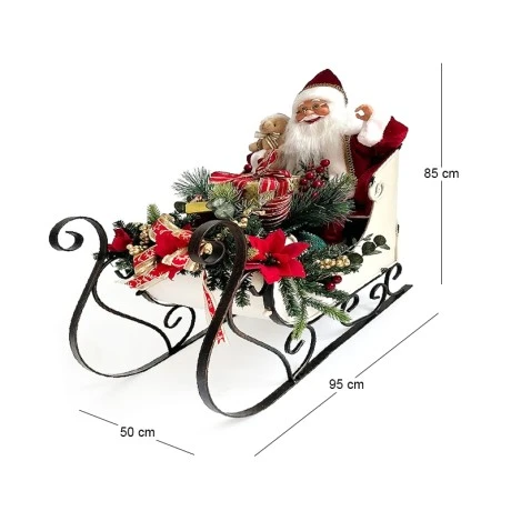 XMAS CREAM METAL SLEIGH WITH SANTA AND CHRISTMAS ARRANGEMENT 95X50X85CM