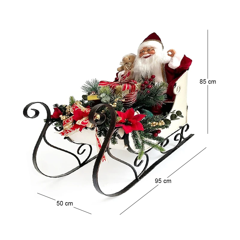 XMAS CREAM METAL SLEIGH WITH SANTA AND CHRISTMAS ARRANGEMENT 95X50X85CM