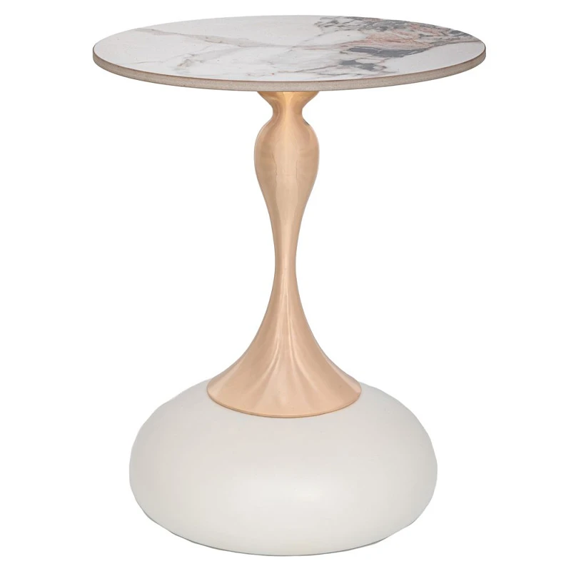 CREME METAL TABLE WITH GOLD BASE AND WHITE CERAMIC SURFACE(MARBLE EFFECT)