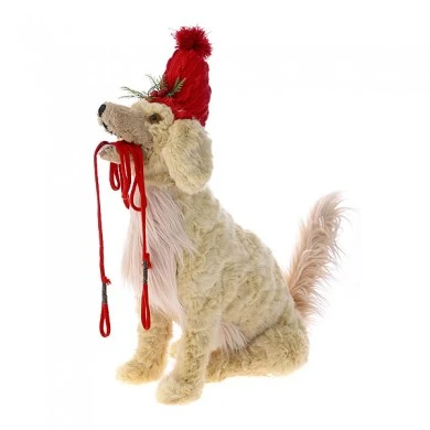 XMAS BROWN FUR DOG WITH RED HAT 52X30X62CM