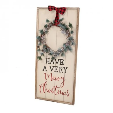 XMAS WHITE WOODEN SIGN WITH WREATH 46X100CM