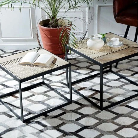 MANGO WOOD METAL COFFE TABLE SET 2 50X40 44X36CM
