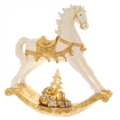 WHITE GOLD RESIN ROCKING HORSE W LED LIGHT 47X12X46CM