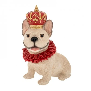 XMAS WHITE RESIN SITTING DOG FIGURE WEARING RED CROWN 23X13,5X28CM