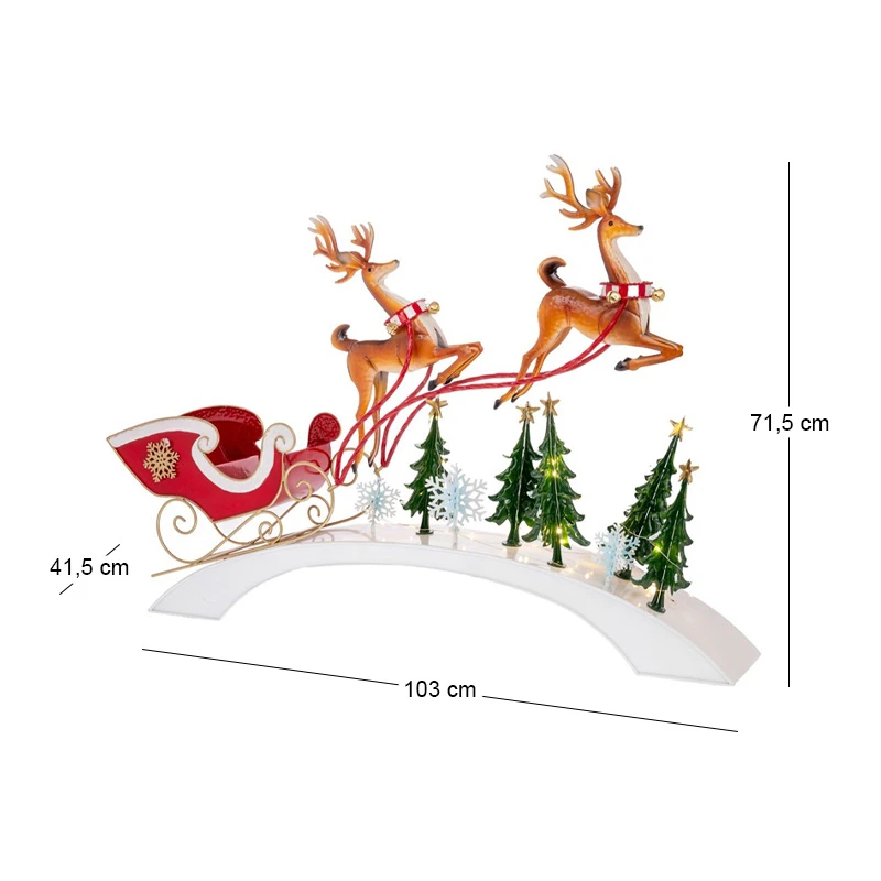 XMAS WHITE METAL BRIDGE WITH GREEN MINI TREES,TWO BROWN REINDEER AND RED SLEIGH 103X415X71,5CM