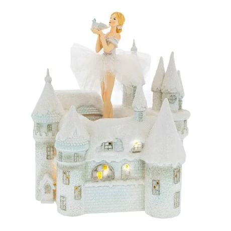 WHITE RESIN BALLERINA ON ROTATING MUSICAL CASTLE WΙΤΗ LED 26Χ20Χ29.5CM