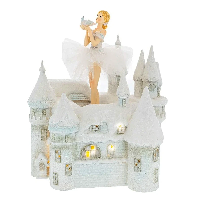 WHITE RESIN  BALLERINA IN ROTATED MUSICAL  CASTLE WΙΤΗ LED 26Χ20Χ29.5CM