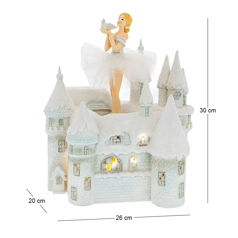WHITE RESIN  BALLERINA IN ROTATED MUSICAL  CASTLE WΙΤΗ LED 26Χ20Χ29.5CM