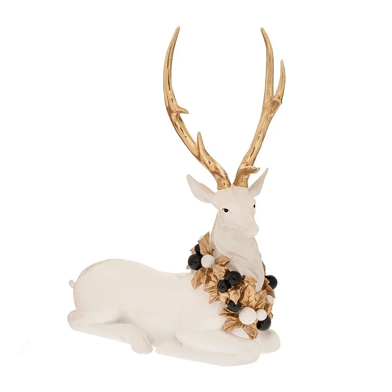 WHITE RESIN SITTING DEER WITH WREATH ON THE NECK 25.5X12X34.5CM