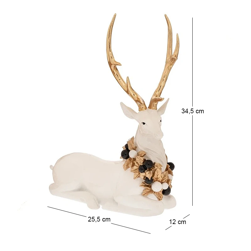 WHITE RESIN SITTING DEER WITH WREATH ON THE NECK 25.5X12X34.5CM