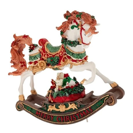 XMAS WHITE COLOUR RESIN WINDING ROCKING HORSE WITH GIFTS AND MUSIC 22X7,5X21,5CM