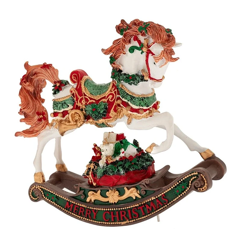 XMAS WHITE COLOUR RESIN WINDING ROCKING HORSE WITH GIFTS AND MUSIC 20,5X7,5X21,5CM