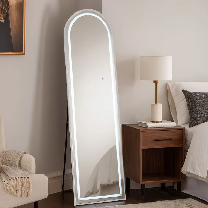 WHITE METAL FLOOR MIRROR WITH TOUCH SCREEN LED LIGHT  D50X170CM