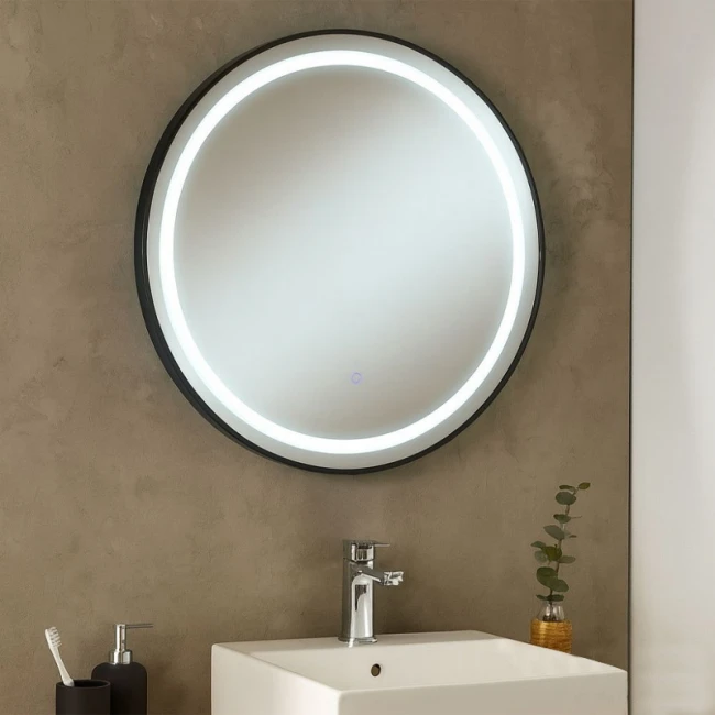 WHITE CIRCLE MIRROR WITH TOUCH SCREEN LED LIGHT D70CM