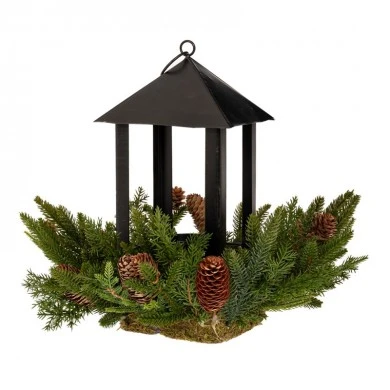 BLACK CANDLE HOLDER LANTERN WITH PINE CONES 33X28CM