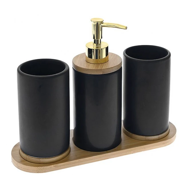 BLACK CERAMIC BATHROOM ACCESORIES SET  3 PCS WITH BAMBOO TRAY 25Χ9Χ20CM
