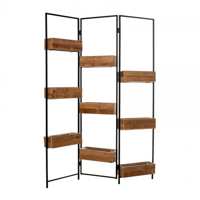 DECO BLACK METAL FOLDING SCREEN STAND 90x43x160CM W CLAIMED WOODEN BOXES