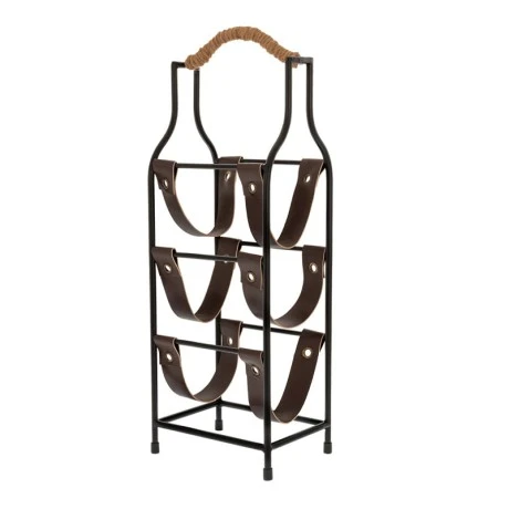 BLACK METAL WINE RACK WITH 3 LEATHER BOTTLE CASES AND WOODEN HANDLE 17,5X13X52CM