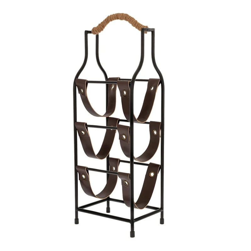 BLACK METAL WINE RACK WITH 3 LEATHER BOTTLE CASES AND WOODEN HANDLE 17,5X13X52CM