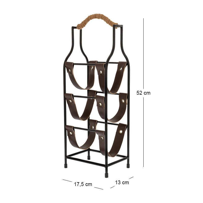 BLACK METAL WINE RACK WITH 3 LEATHER BOTTLE CASES AND WOODEN HANDLE 17,5X13X52CM