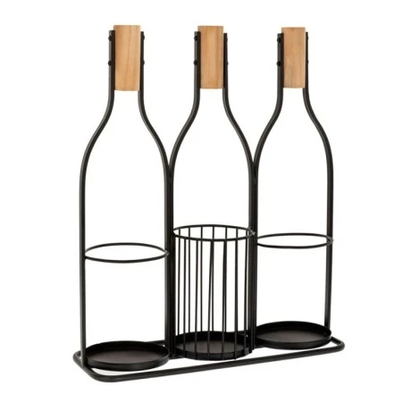 BLACK METAL WINE RACK FOR 3 BOTTLES WITH WOODEN CAP 36X13X43CM
