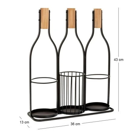 BLACK METAL WINE RACK FOR 3 BOTTLES WITH WOODEN CAP 36X13X43CM
