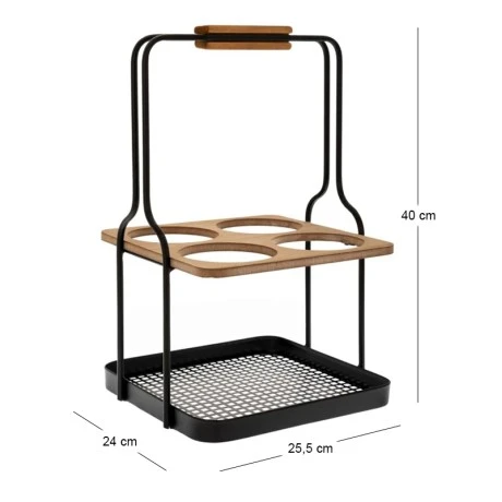 BLACK METAL WINE RACK FOR 4 BOTTLES WITH WOODEN DETAILS 25,5X24X40