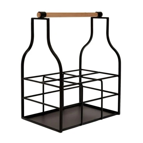 BLACK METAL WINE RACK FOR 6 BOTTLES WITH WOODEN HANDLE 33X23X40,5CM