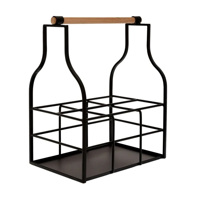BLACK METAL WINE RACK FOR 6 BOTTLES WITH WOODEN HANDLE 33X23X40,5CM